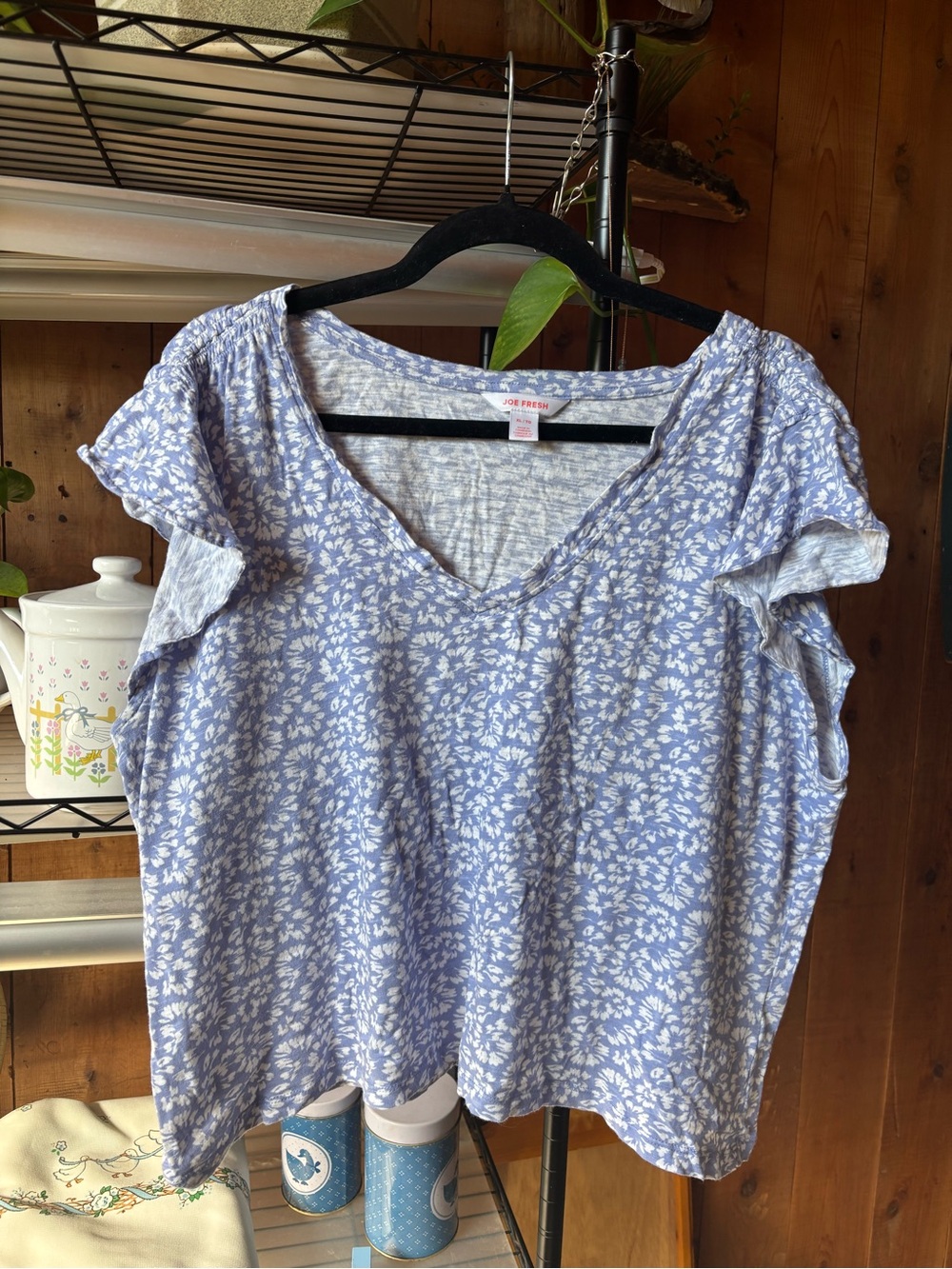 43.) Joe Fresh / Cotton / Periwinkle / Floral V-Neck Ruffle Sleeve Top